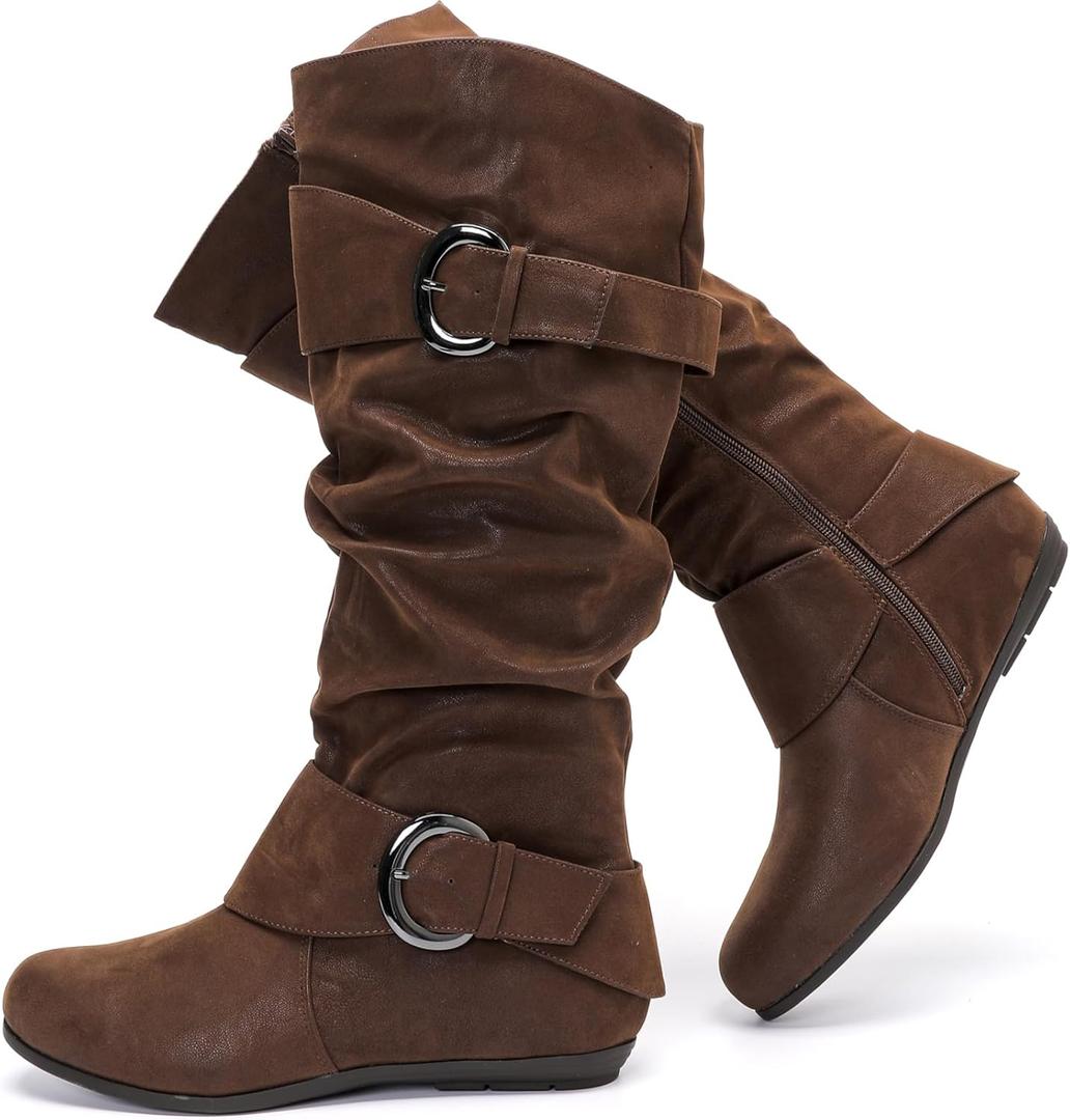 Luoika Women's Extra Wide Calf Knee High Slouchy Boots, Wide Width Tall Boots with Flat Heel Side Zipper, 8 Wide