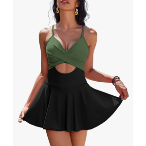 AI'MAGE Women's One Piece Swimdress V Neck Tie Back Skirt Swimsuit Push Up Tummy Control Bathing Suits XL