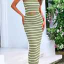 PRETTYGARDEN Womens Summer Beach Sundress Off Shoulder Cut Out Striped Bandeau Bodycon Midi Dress (Striped Army Green White,X-Large) (Green, XL)