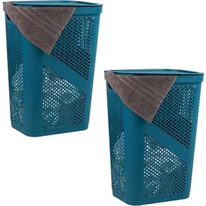 Mind Reader 60L Slim Laundry Hamper, Clothes Basket, Lid, Ventilated, Plastic, Set of 2, Blue, 2-Pack