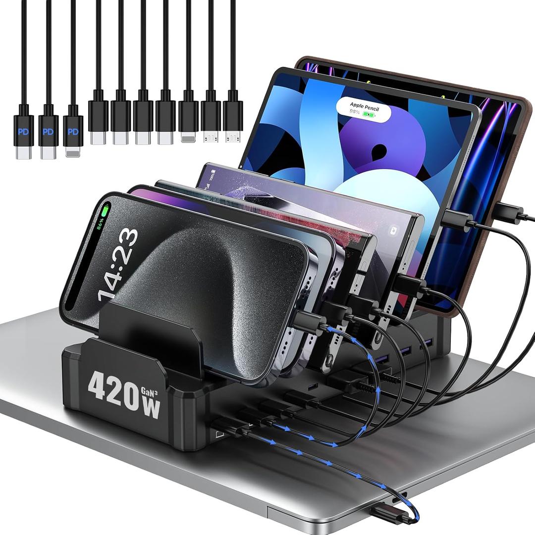 420W Charging Station for Multiple Devices, Zobirez 10-Port USB C Fast Charger Stations for MacBook, iPhone, Android Cell Phone, iPad, Tablet, Family Multi-Device Organizer Charging Dock, Black (5FT)