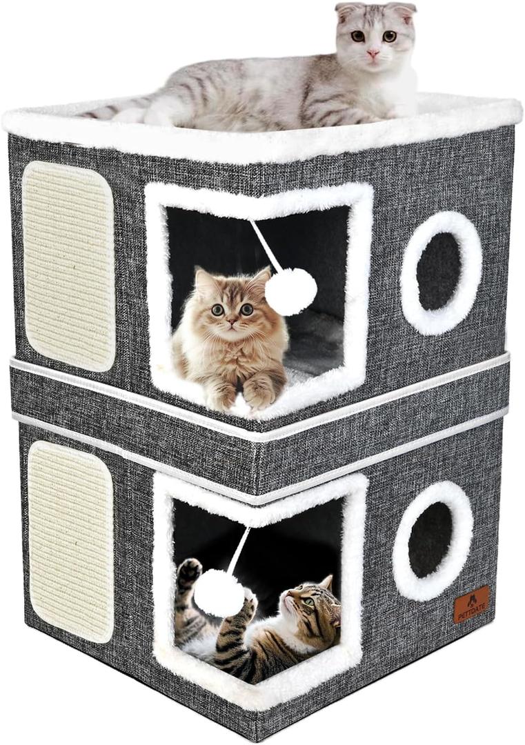 2-Story Cat House for Indoor Cats, Dual-Purpose Cave Bed with Scratch Pad and Fluffy Ball, Foldable Cat Hideaway, Cute Condo Furniture for Multi Small Pet Kitten, Grey (Double)