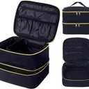 Double Layer Makeup Bag Portable Large Cosmetic Case Organizer with Adjustable Dividers Storage Travel Bag for Accessories Brushes Conditioner and Skin Care Products (Black)