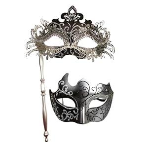 Yimianshou Masquerade Mask for Couples Women Men with stick Mardi Gras Venetian Party Mask Set(StickSilver)