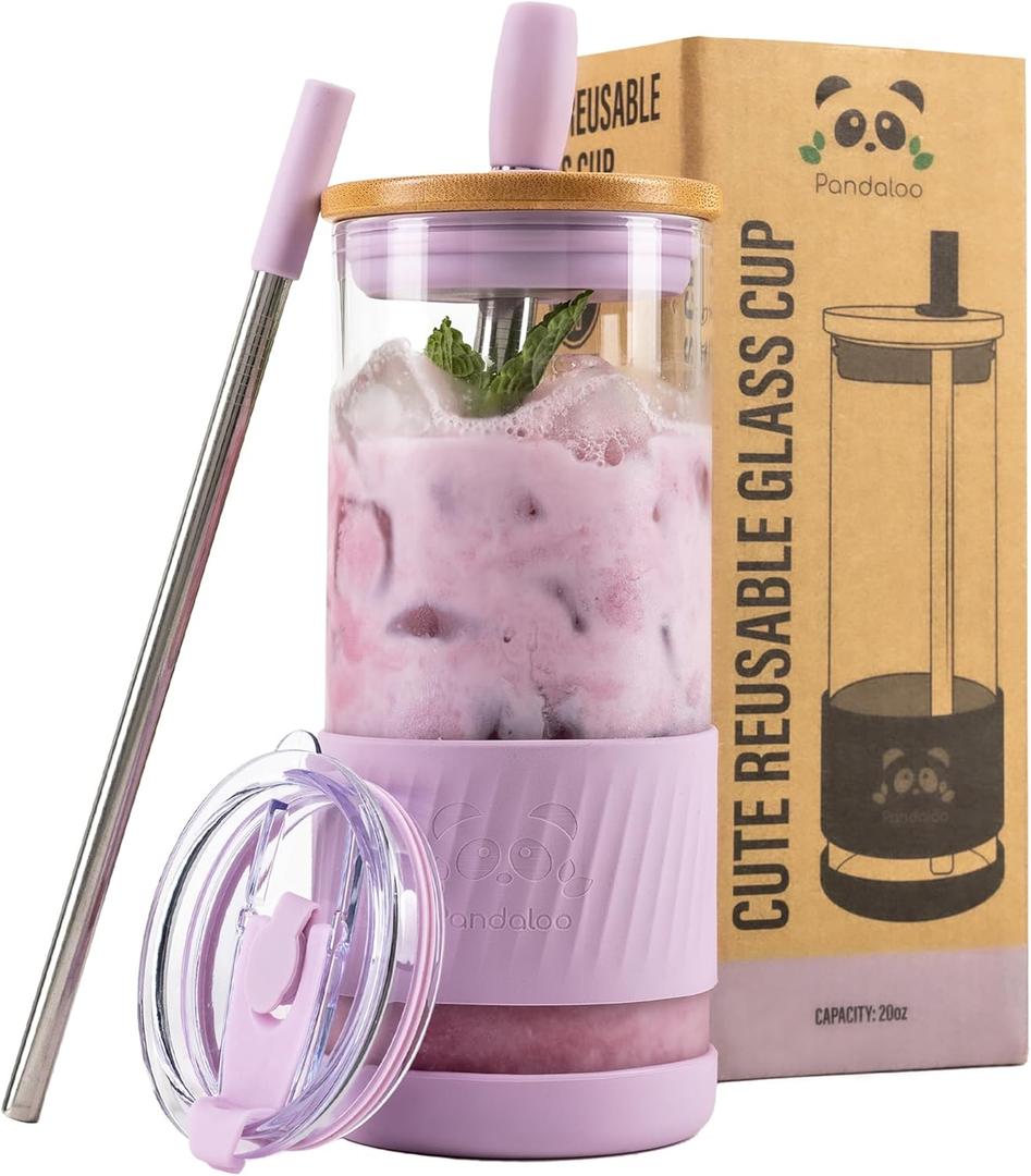 Pandaloo Glass Cups With Lids and Straws -20 Fl Oz- Perfect Size Iced Coffee Cup - Smoothie Cup With Bamboo Lid and On the go Lid - Glass Tumbler With Straw (1 Count (Pack of 1), Lilac Rhapsody)