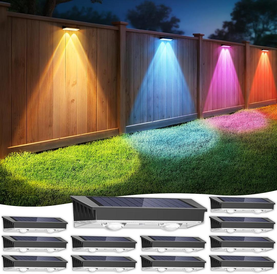 Solar Fence Lights Outdoor 12 Pack, 7 Fixed Colors & Color Changing Fence Lights Solar Powered, IP65 Waterproof Backyard Decoration for Patio, Deck, Pool, Step (Black)