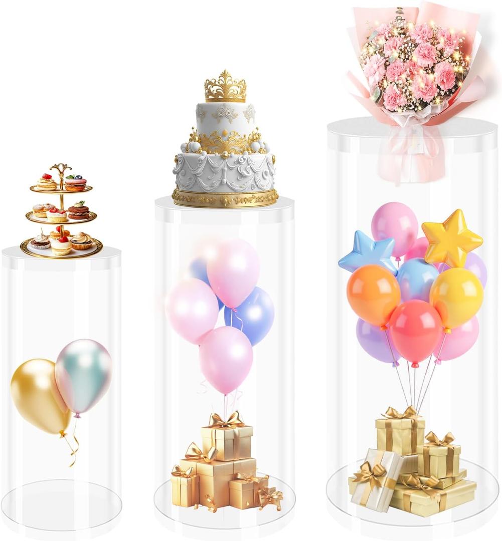 3pcs Cylinder Pedestal Stand for Parties, Pedestal Cake Stands, Cylinder Stand for Party, Display Stand Dessert Table Display Pillars, for Baby Shower Wedding Birthday Event Decor, Transparent
