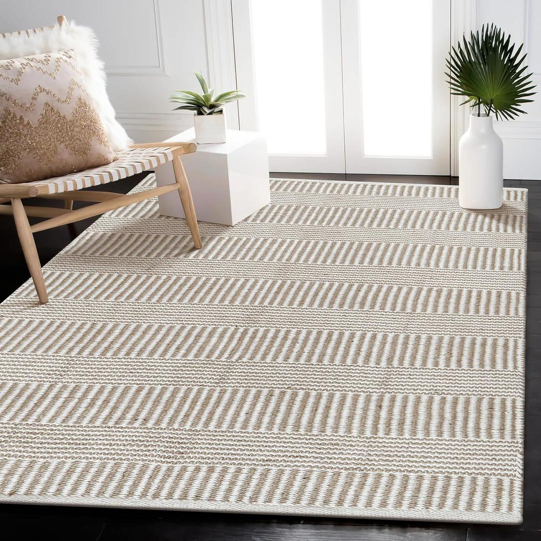 Jute Cotton Stripe Area Rug for Living Room 48x72 Inch - Natural Ivory - Machine Washable 4x6 Feet Rugs - 70% Jute and 30% Cotton