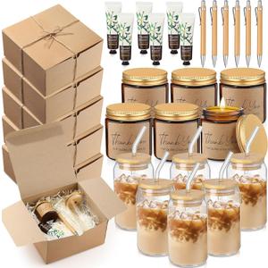 Reallnaive 6 Sets Baby Shower Prizes for Game Winners, Baby Shower Favors Including Glass Cup Scented Candles Hand Cream Pens Gift Box with Raffia for Gender Reveal Wedding Bridal Party Prizes(Khaki)