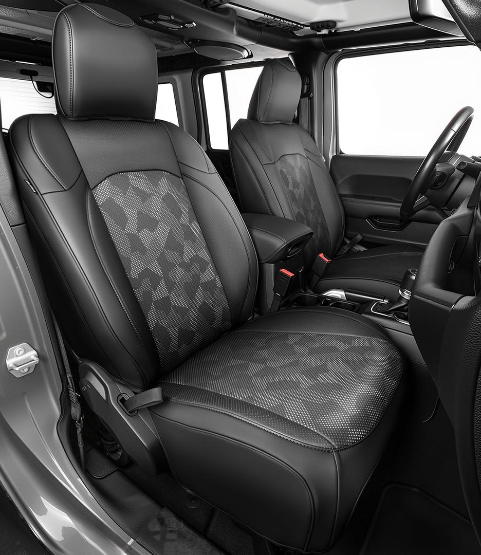 Seat Covers for Jeep Wrangler JL 4-Door 2018-2026 with Cup Holder | Full Coverage Custom Fit Waterproof Leather Car Seat Covers, Airbag Compatible, Factory Style Upgrade, Black Camo