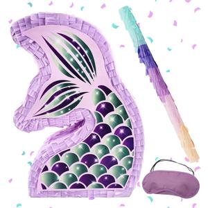 4E's Novelty Mermaid Pinata With Bat & Blindfold for Mermaid Birthday Party Decorations Supplies for Kids Girls Under the Sea Mermaid Ocean Theme Birthday Party Game Activity Mermaid Decor