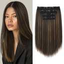 Hair Extensions, 14" Short Clip in Hair Extensions 4PCS Straight Natural Soft Synthetic Hairpiece for Women - Dark Brown with Highlights