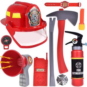 Liberty Imports 10 PCs Fireman Gear Firefighter Costume Role Play Career Dress Up Starter Toy Accessories Pretend Play Set with Helmet, Tools for Kids, Toddlers