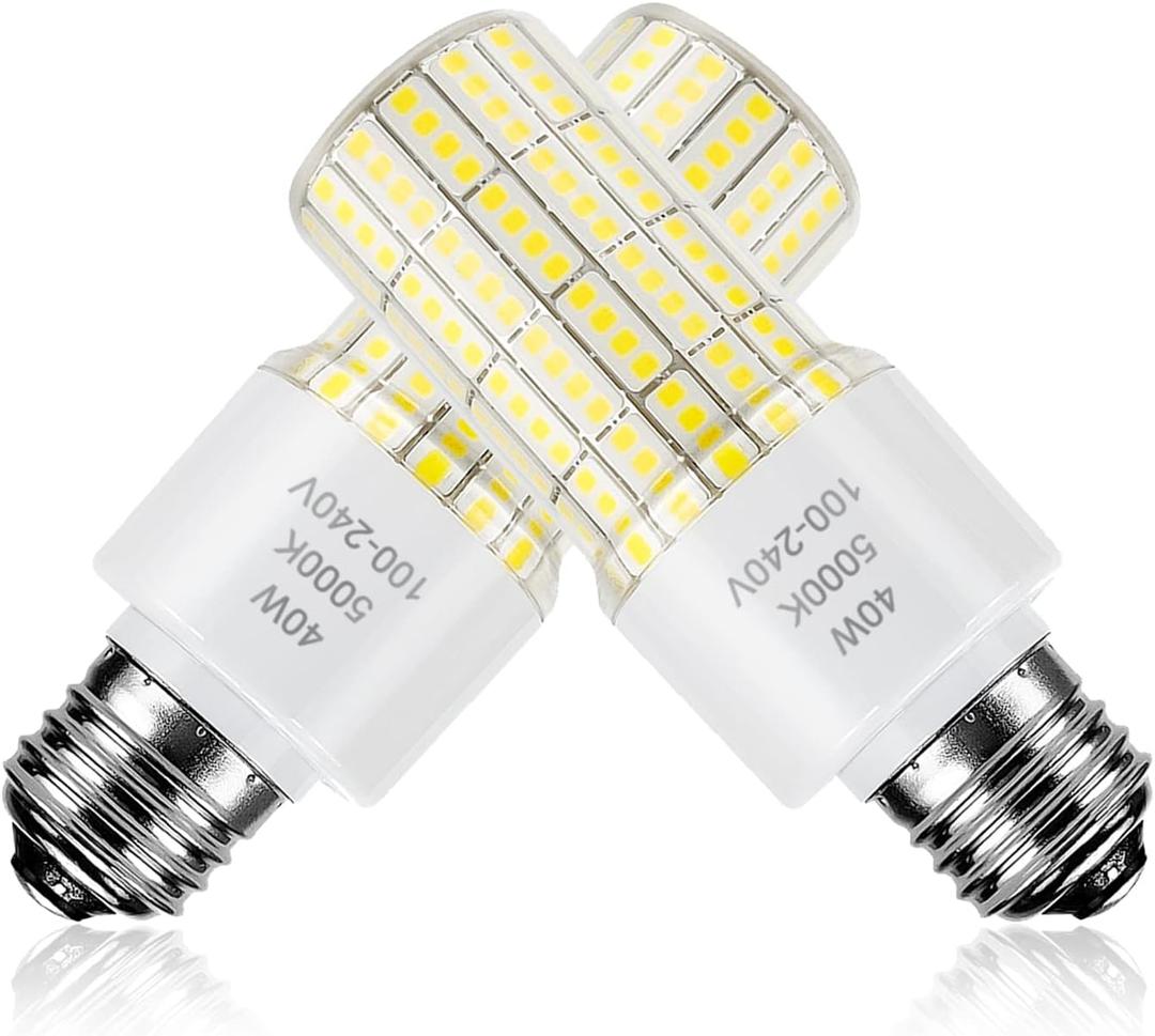 2 Pack 40W Led Light Bulb(300W Equivalent) 5000 Lumens 5000K Daylight White Led Bulbs E26/E27 Medium Base for Indoor Outdoor Street Office Warehouse Workshop Garage Backyard