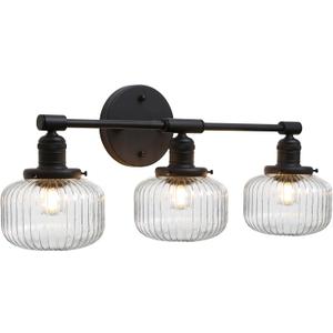 Pathson 3-Lights Globe Wall Sconce Lamps, Striped Glass Bathroom Sconces for Mirror, Hardwired Wall Vanity Light Fixtures, Vintage Home Wall Lamps Decor for Living Room, E26 Base (Matte Black)