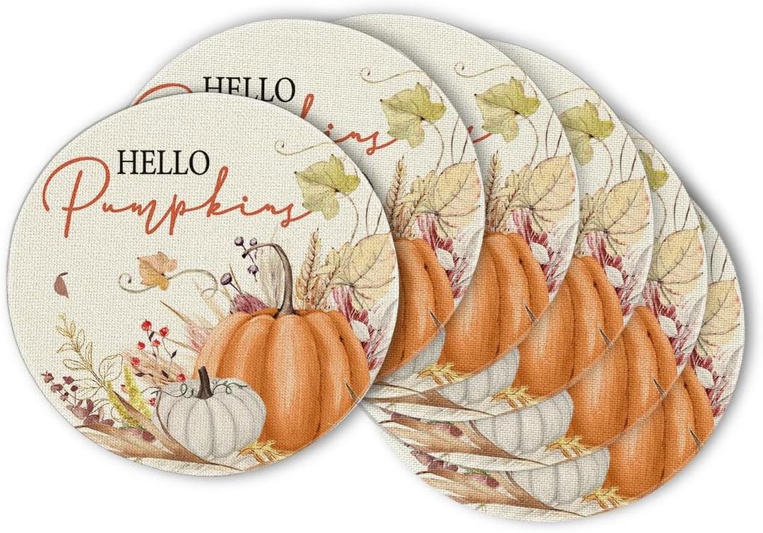 Artoid Mode Hello Pumpkin Fall Round Placemats Set of 6,14 Inch Seasonal Harvest Thanksgiving Table Mats for Party Dining Decoration (Beige/Orange)