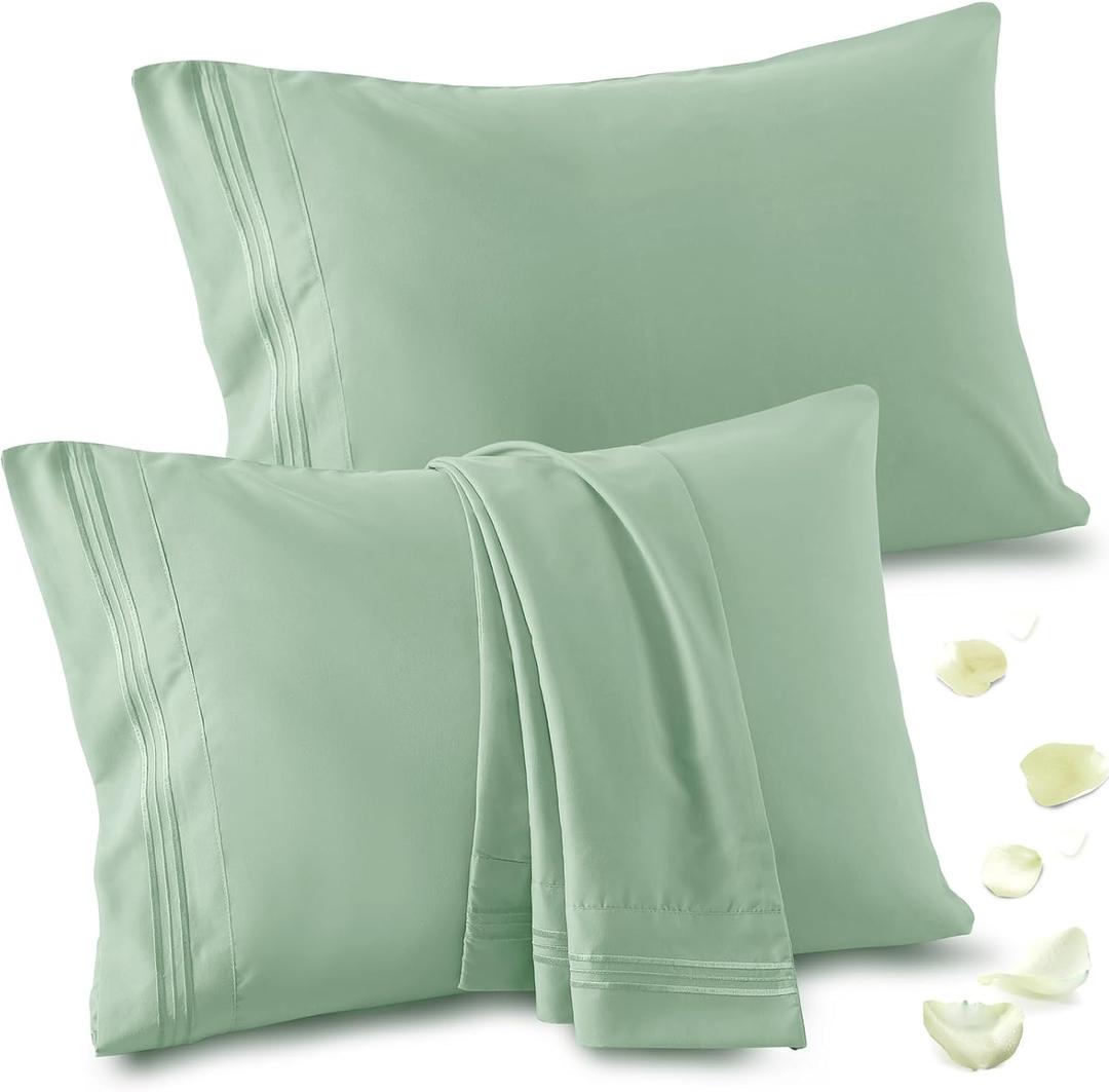 Vonty 2 Pack King Pillow Cases - 20x40 Inch, 1800 Thread Count Microfiber Pillowcases King Size Sage Green Pillow Cases Luxury & Soft Embroidered Bed Pillow Covers with Envelope Closure