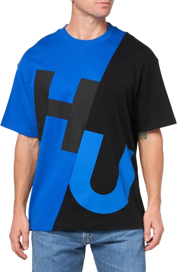 HUGO Men's Block Logo Cotton T-Shirt (Large, Black Jade/Cobalt)