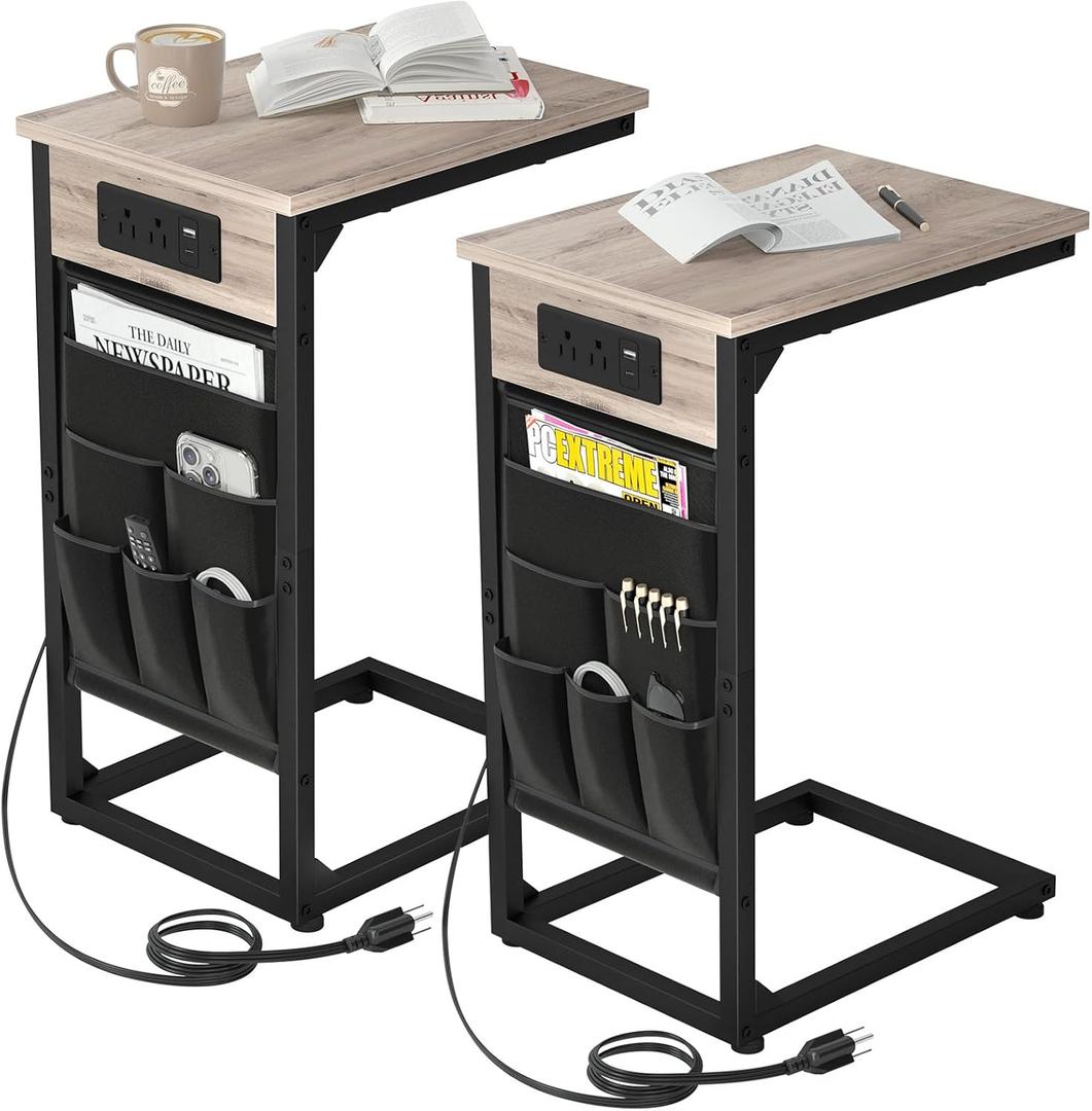 AMHANCIBLE C Shaped End Table with Charging Station, TV Tray Set of 2, Couch Tables with Storage Bag, Slide Under Sofa Side Table with USB Ports and Outlets for Living Room, Grey HET04CGY