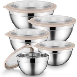 Onader Mixing Bowl Set of 5 for Kitchen, Stainless Steel Metal Nesting Mixing Bowls with Khaki Lids  Size 1.5, 2, 2.6, 3.5, 4.6QT