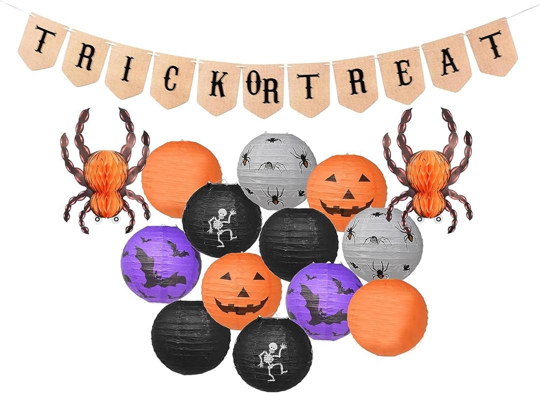 2 x Mudra Crafts Hanging Spider Bat Skeleton Pumpkin Paper Lanterns Outdoor Indoor Jack-o-Lantern Halloween Decorations Party Banner Set, Orange Black Purple 12-Inch Spooky Lamps
