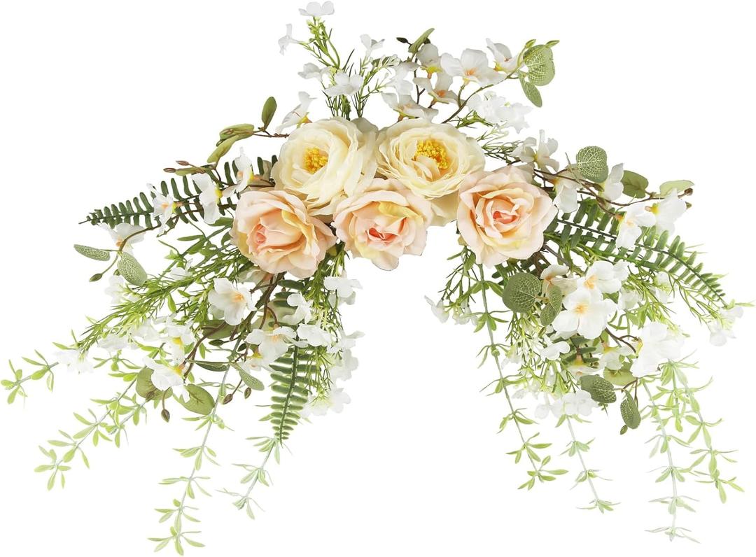 Artificial Swag Flowers Floral Swag Artificial Peony Arch Swag Artificial Greenery Flower Swag Spring with Green Leaves for Home Front Door Wedding Arch Garden Party Tabletop Wall Decor