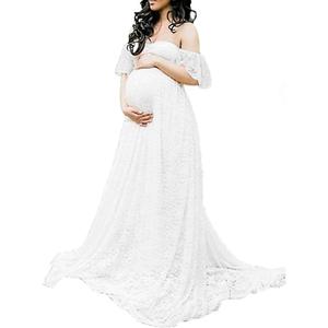 Maternity Photography Props Floral Lace Dress Fancy Pregnancy Gown for Baby Shower Photo Shoot (White, M)