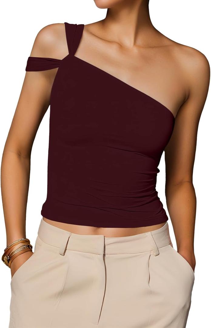 Summer One Shoulder Tops for Women Going Out Asymmetric Strapless Tube Top Party Trendy Sleeveless Y2k Top (Small, Red)
