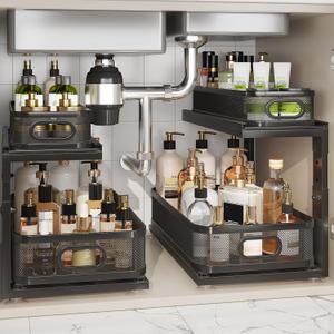 2 Pack 18.5IN-Depth Under Sink Organizer With Next-Gen Ball-Bearing Slides,2-Tier Precision Mesh Pull Out Cabinet Storage for Bathroom & Kitchen, Height Adjustable Drawers Shelf, Anti-rust-Black
