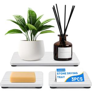 3PCS Stone Drying Tray,Water Absorbing Stone Tray,Countertop Fast Drying Counter Trays,Diatomite Trays, 3.94x7.87 Inch and 3.94x3.94 Inch White