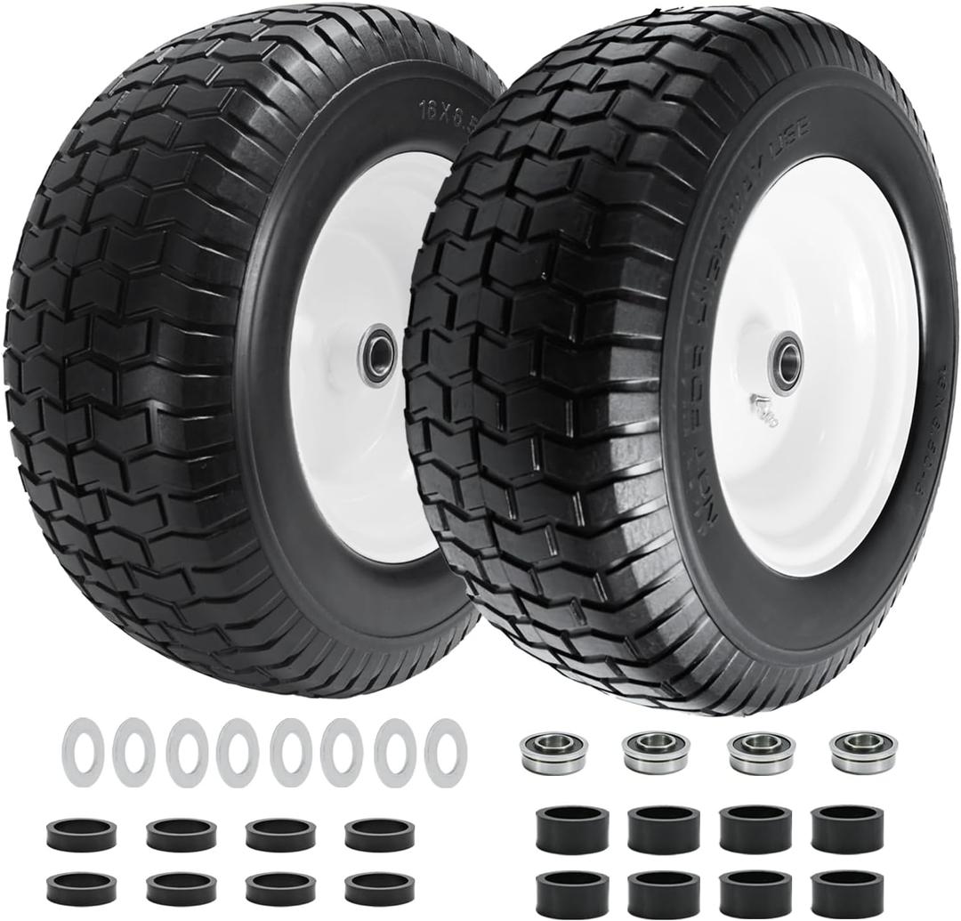(2-Pack) 16x6.50-8 Flat Free Lawn Mower Tires & Wheels, 16" Solid Tires for Riding Mowers & Garden Tractors, Adjustable 3"-4.5" Hub with 3/4" & 5/8" Bearings, 550 lbs Load Capacity, 1 pcs