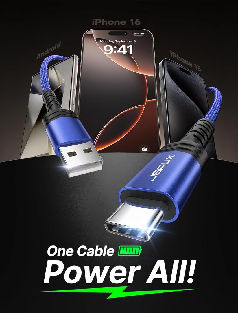 JSAUX USB C Cable Fast Charging 2-Pack(10ft+6.6ft+3.3ft), iPhone 16 Charger USB A to Type C Charge Cord for iPhone 16/16 Pro/16 Pro Max/16e/15, Samsung Galaxy S23 S22 S20, Note 20, USB C Charger(Blue)