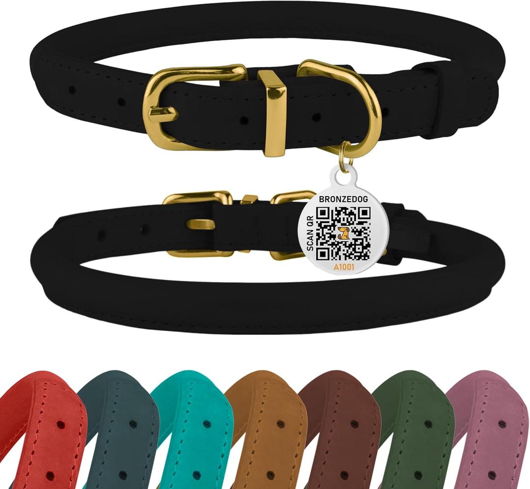 BronzeDog Rolled Leather Dog Collar with QR ID Tag, Adjustable Soft Round Collars for Small Medium Large Dogs Puppy (19" - 21" Neck Size, Black Night)
