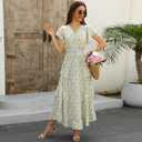 Womens Summer Floral Dress 2026 V Neck Short Sleeve Chiffon Boho Flowy Beach Casual Maxi Long Dresses for Women Yellow Green (L)