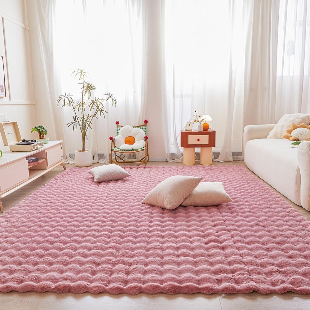 Pink Rabbit Plush Area Rug for Bedroom Living Room Sofa,6'X9' Faux Fur Fluffy Shaggy Rectangular Square Rug for Kids Teen Girls Room,Furry Carpet Rug for Nursery Baby Room Decor for Teenage