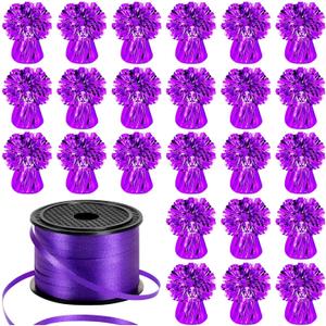 24 PCS Balloon Weights Metallic Anchor, Balloon Holder Heavy Weights with 1 Roll Purple Crimped Ribbon for Balloons Table Party Favor Birthday Decor(Purple)