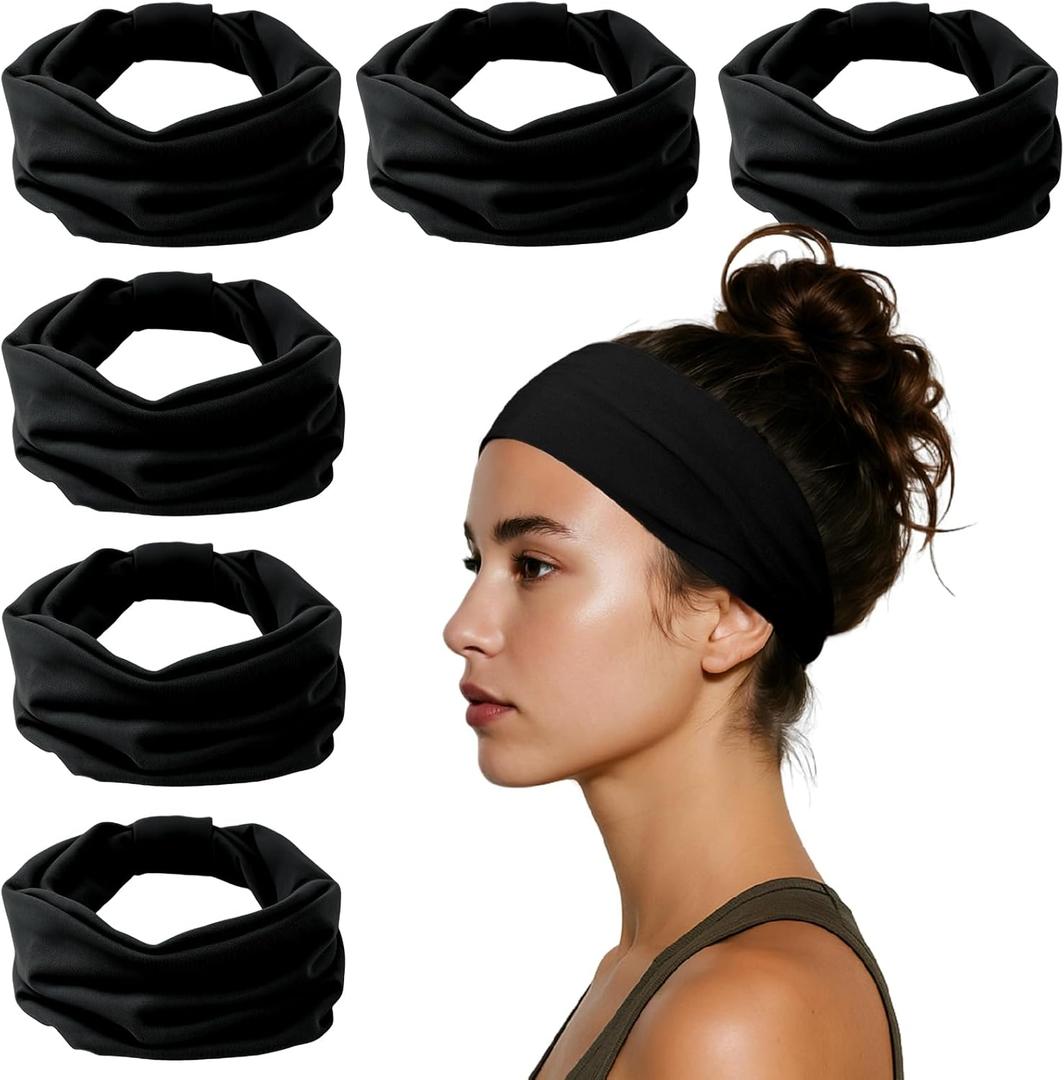HSEM Headbands for Women, Wide Elastic Head Bands, Non-Slip Thick Hair Bands, Sports Stretchy Sweat Bands, Large Knotted Soft Headband for Washing Face, Makeup, Workout, Spa, Fashion, 6-Pack Black