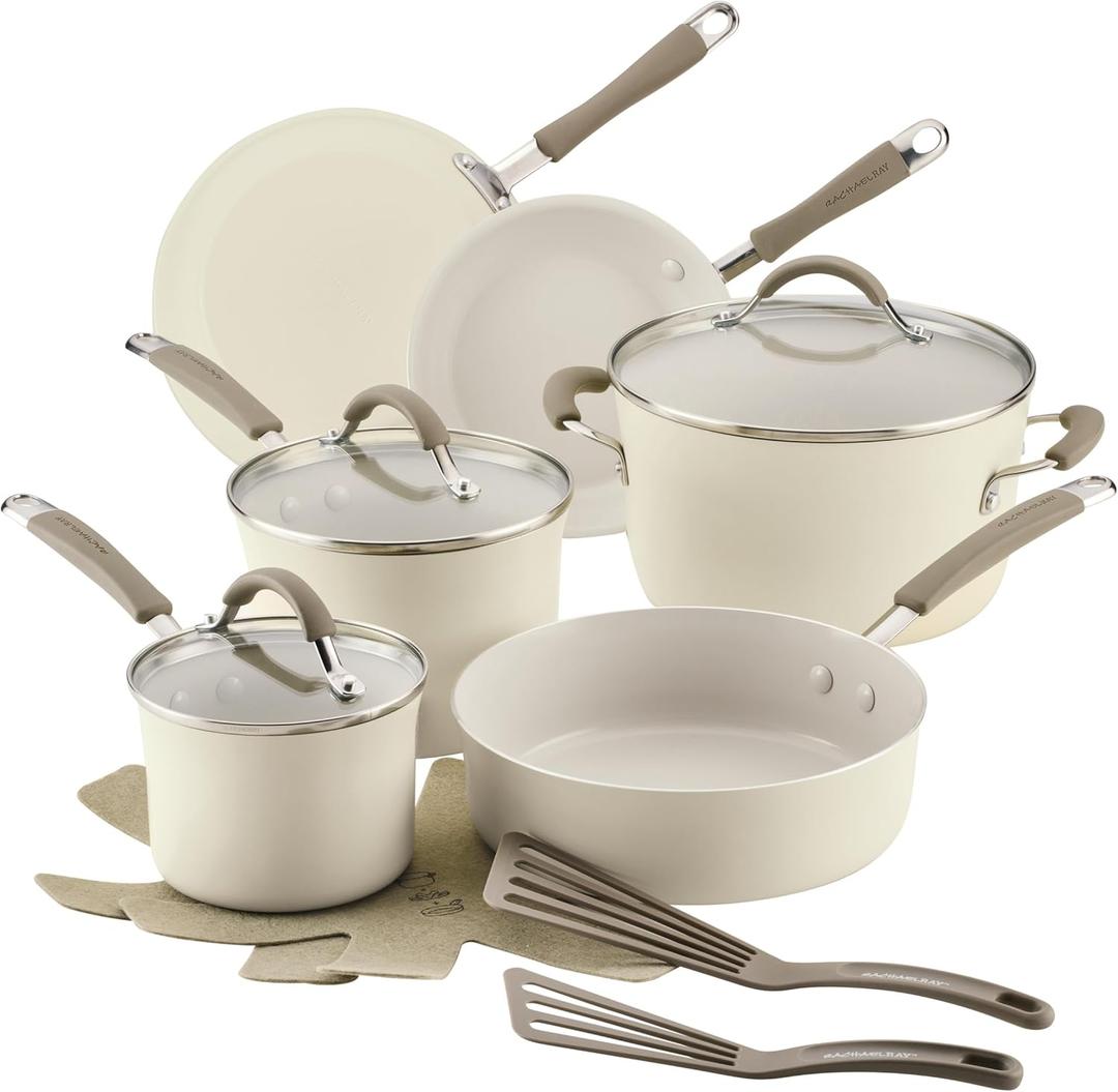 Rachael Ray Cucina Ceramic Nonstick Pots and Pans Set with Saucepans, Saute, Frying Pans, Stockpot, Lids, Pan Protectors, and Cooking Utensils, 13 Piece Non Stick Cookware Set - Almond