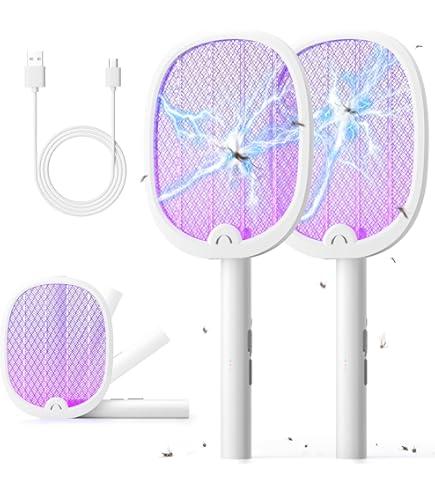 YISSVIC Electric Fly Swatter Bug Zapper Racket 4000V LED Screen Dual Modes Fly Zapper Rechargeable for Indoor Home Office Backyard Patio Camping (White) (White-2 Pack)