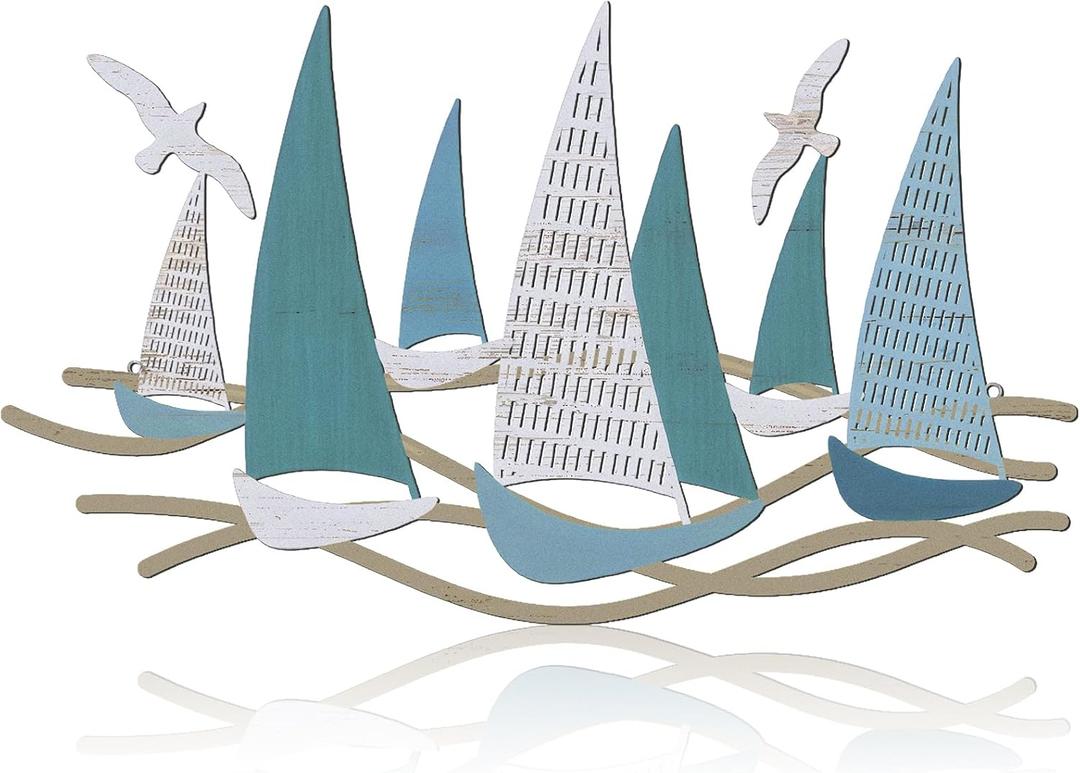 Pinkunn Metal Beach Wall Decor Hanging Sailboats Metal Sculpture Rustic Sailboat Coastal Nautical Theme Ocean Room Decor for Home Bathroom Pool Living Room Bedroom Outdoor Art, 15.8 inch