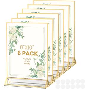 Gold Frames 8X10 Acrylic Sign Holder Double-Sided Picture Frames for Menu, Wedding Table Number, Christmas Photos With Removable Round Stickers - 6 Pack