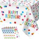 mwellewm 6 Packs Birthday Tablecloth Plastic Happy Birthday Table Cloth Decorations Disposable Colorful Polka Dots Party Decor Rectangle Waterproof Table Cover for Girls Boys Baby Shower 54x108 Inch
