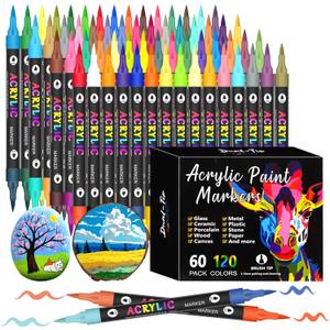 120 Colors Acrylic Paint Markers, 60 Pack Dual tips Acrylic Paint Pens for Rock Painting, Canvas, Wood, Glass, Ceramic, Fabric, Plastic, Egg & Scrapbook. Soft Brush Tips Paint Pens and Paint Markers