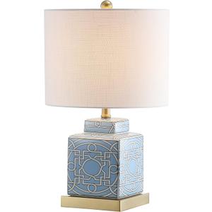 JONATHAN Y 22" Blue/White Modern Ceramic Ginger Jar Table Lamp for Nightstand, Square Lattice Transitional Chinoiserie Lamp for Living Room, White Linen Shade, LED Bulb JYL3044A