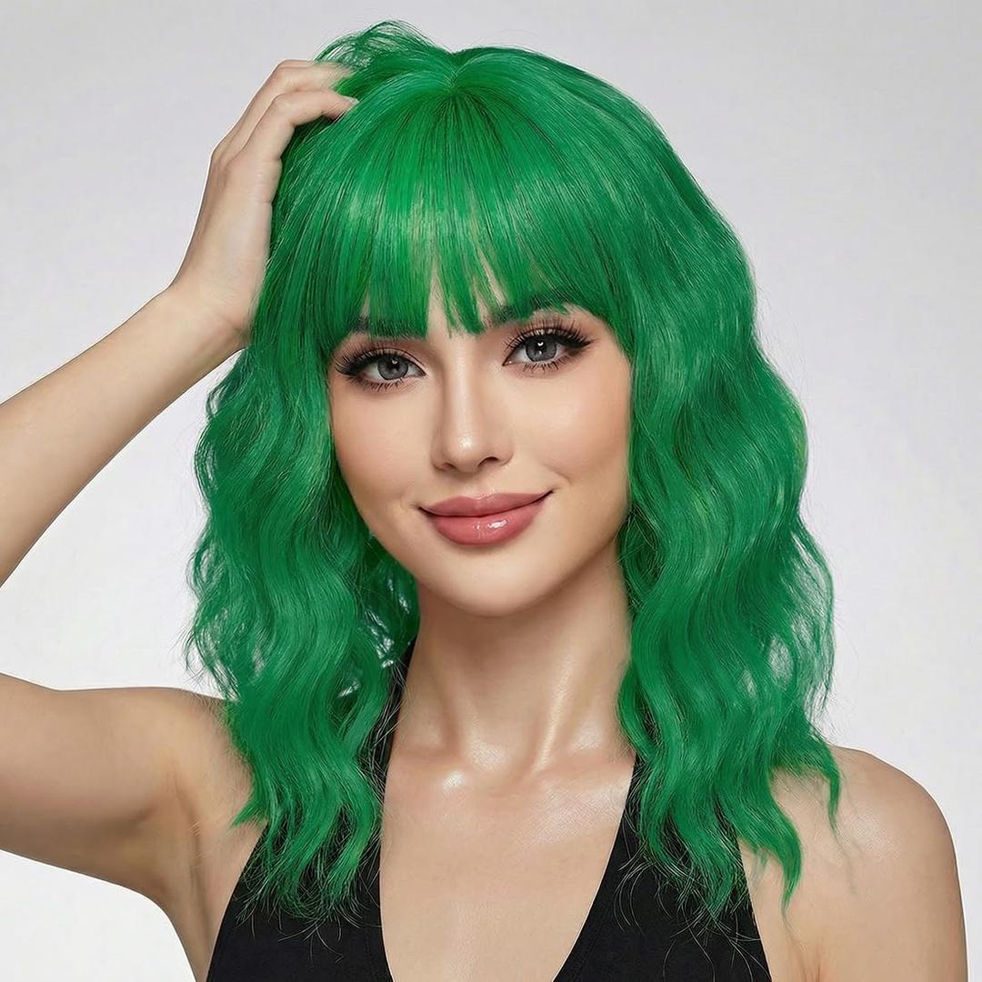 Pastel Green Wavy Bob Wig for Women, Short Shoulder Length Synthetic Wig with Bangs, Natural Looking Lightweight Hairpiece for Gift & Cosplay Costume Party (14 Inch)