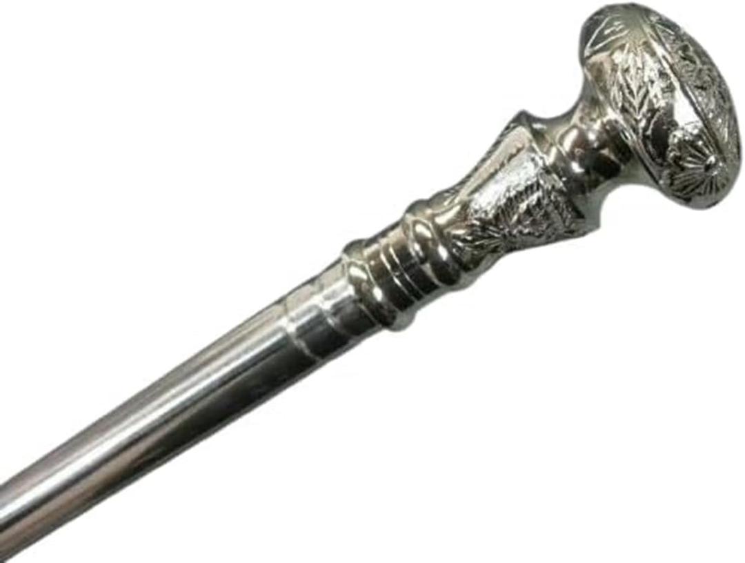 Stainless Steel Walking Stick Cane with Silver Brass Handle | Vintage Luxury Designer Walking Cane for Men & Women | Strong Support Hiking & Mobility Stick for Elders
