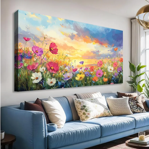 JLXART Wall Art Decor Wildflower Field Meadow Canvas Wall Art for Living Room Sunset Landscape Painting Print Colorful Floral Home Decor Bedroom Office Decoration 20" x 40"