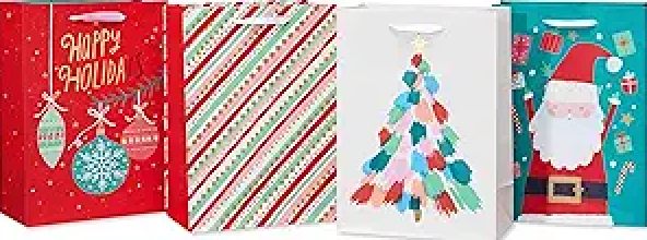 American Greetings 10" Medium Christmas Gift Bags, Santa, Ornaments, Stripes (4 Bags)