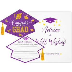 Graduation Advice Cards for The Graduate with Sign, 50PCs Holographic Gold Foil Graduation Wish Card for High School College, Well Wishes Cards for 2025 Decorations Grad Celebration Party(Purple)