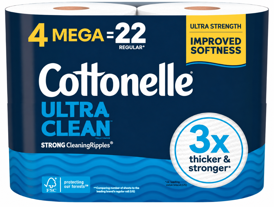 4 Pack Cottonelle Ultra Clean Toilet Paper, 4 Mega Rolls = 22 Regular Rolls,